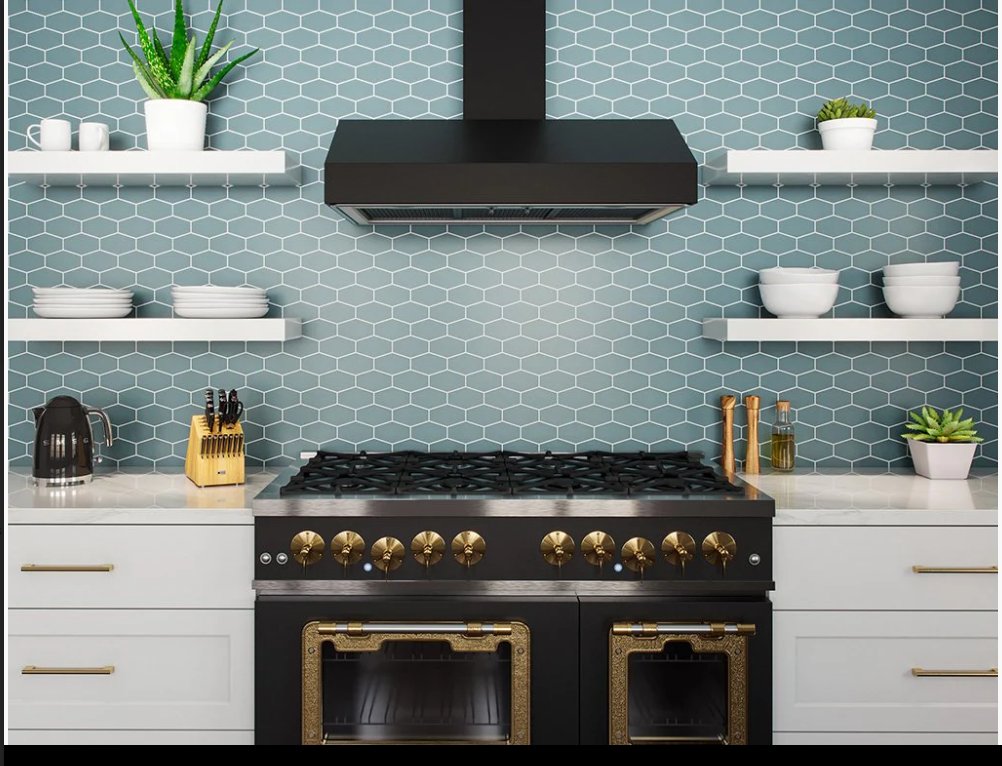 Kitchen with white cabinets, black range, tile backsplash, and floating shelves.