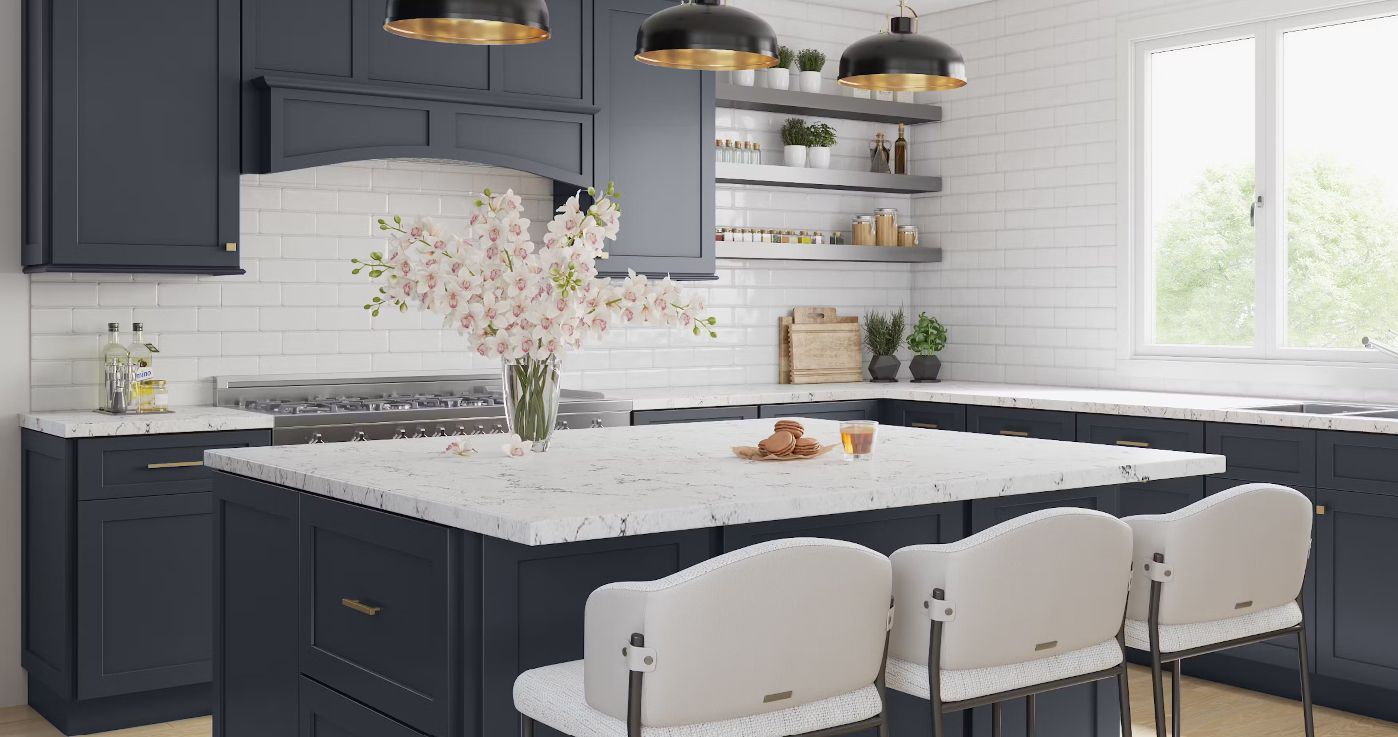 Navy blue kitchen with white countertops, island, and bar stools.