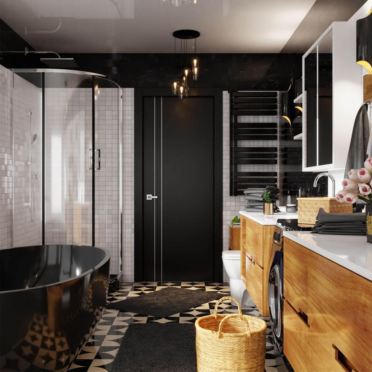 Black and white bathroom with a shower, bathtub, toilet, and wooden cabinets.
