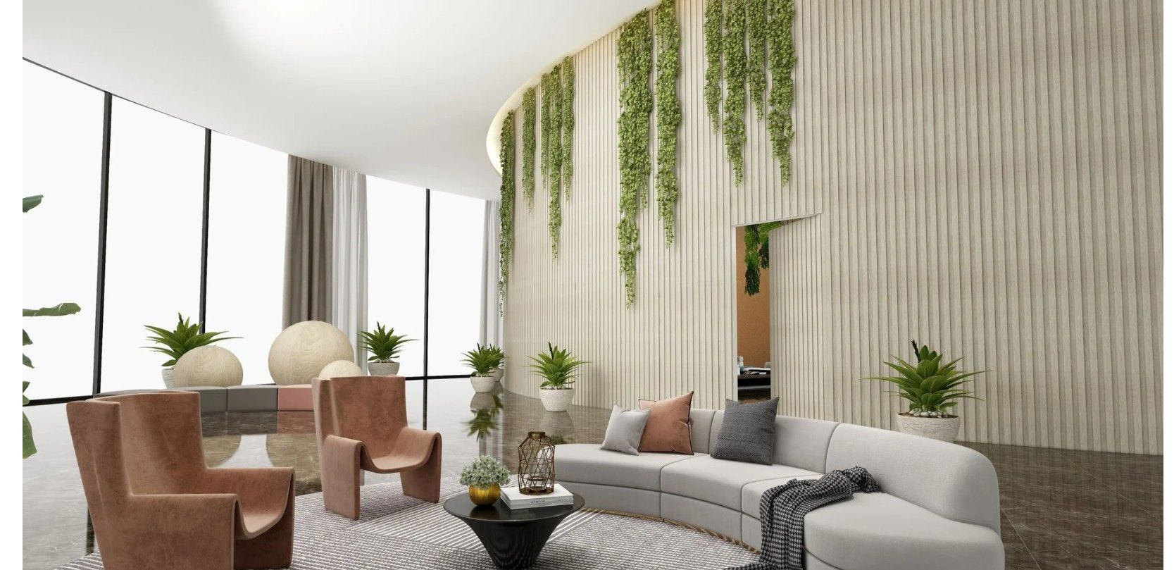 Modern living room with curved sofa, armchairs, and a wall of hanging plants.