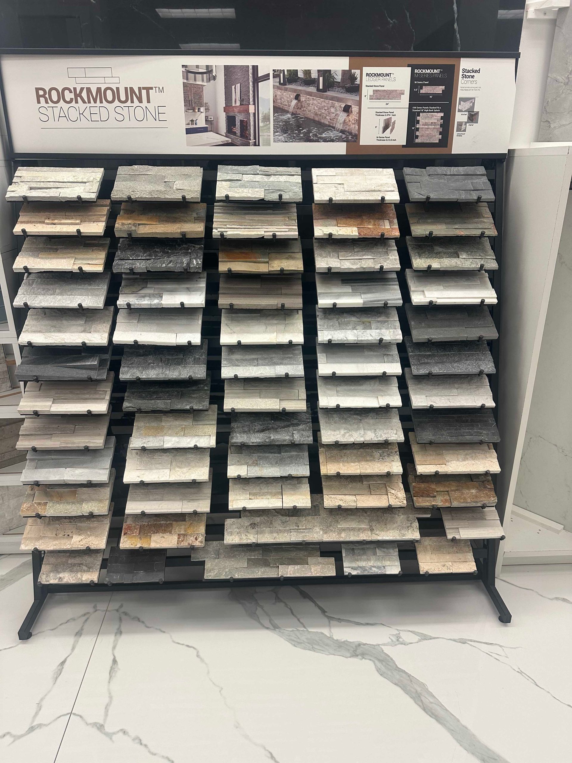 Display of Rockmount stone samples in various colors.