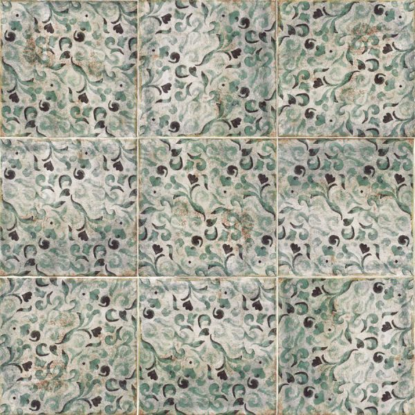 Nine decorative ceramic tiles, green and black floral pattern.