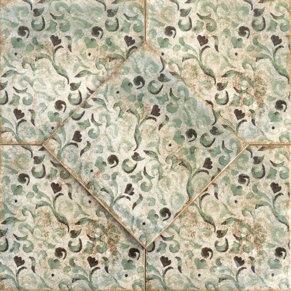 Decorative tile pattern with floral swirls in muted green and brown.