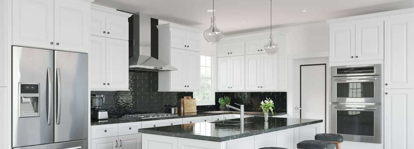 Modern white kitchen with stainless steel appliances, black backsplash, and island.