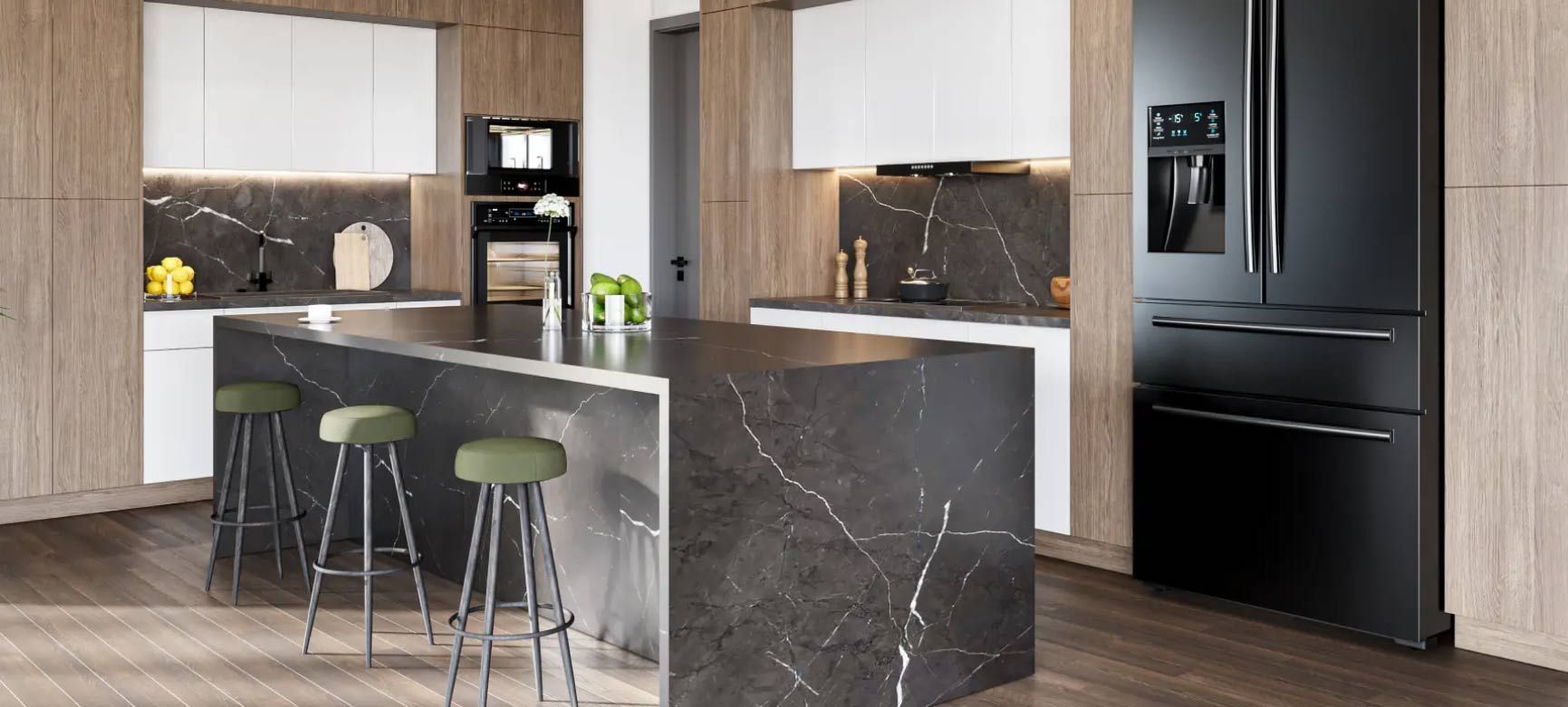 Modern kitchen with black marble countertops, black appliances, wood cabinets, and green bar stools.