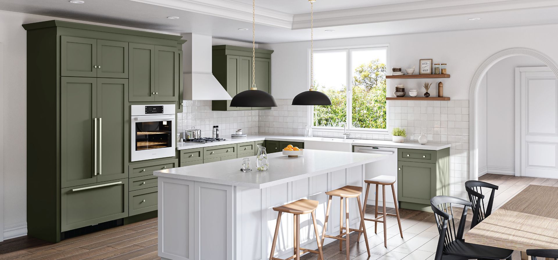 A modern kitchen with green cabinets, white island, and large windows.