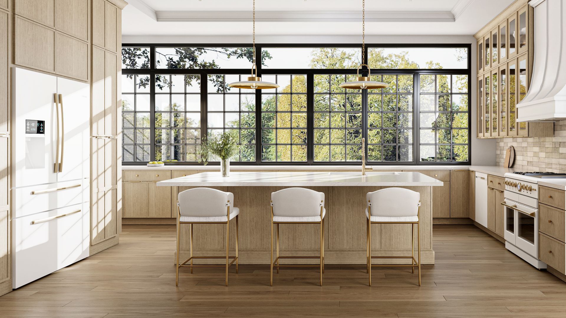 Modern kitchen with large windows, light wood cabinets, an island with three bar stools, and a white refrigerator.