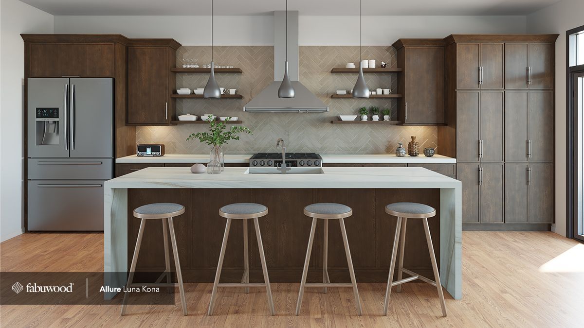 Modern kitchen with brown cabinets, stainless steel appliances, and island with stools.