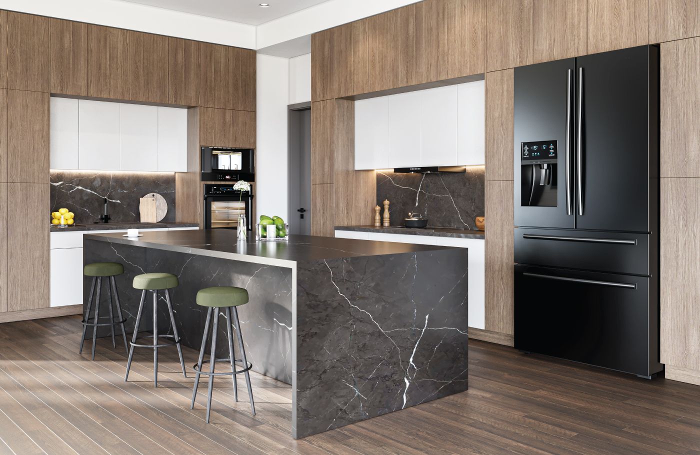 Modern kitchen with wood cabinets, black marble countertops, black refrigerator, and green bar stools.