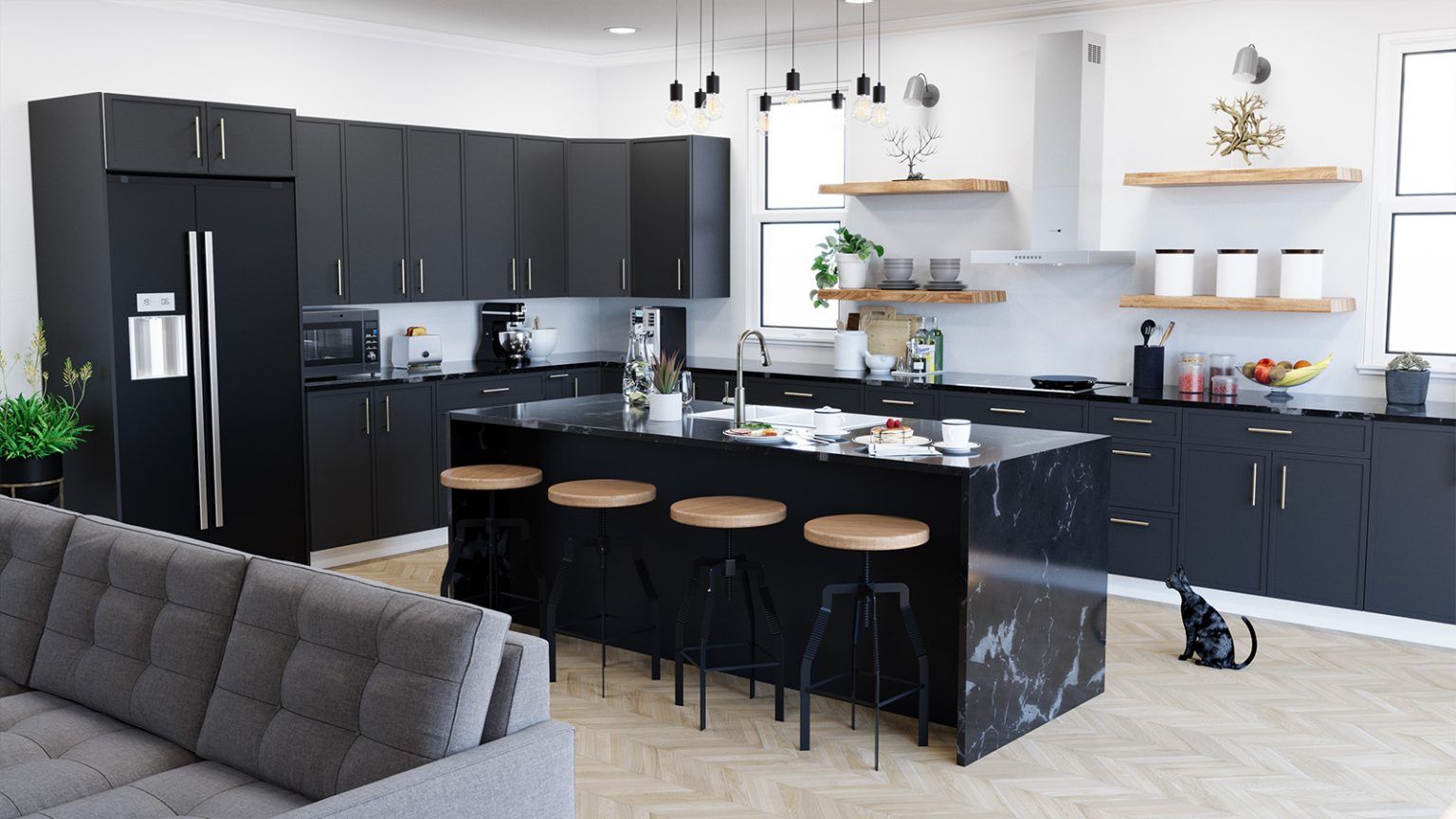 Modern kitchen with black cabinets, island, and stainless steel appliances.