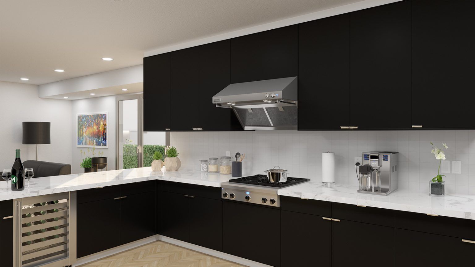 Modern kitchen with black cabinets, stainless steel range hood, white countertops, and wine cooler.