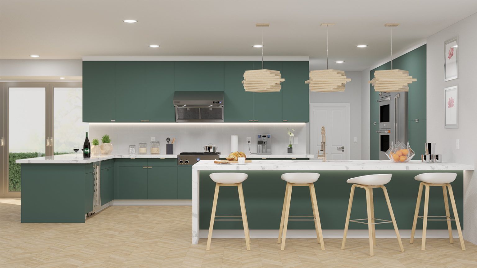 Modern kitchen with teal cabinets, white countertops, and wooden stools.