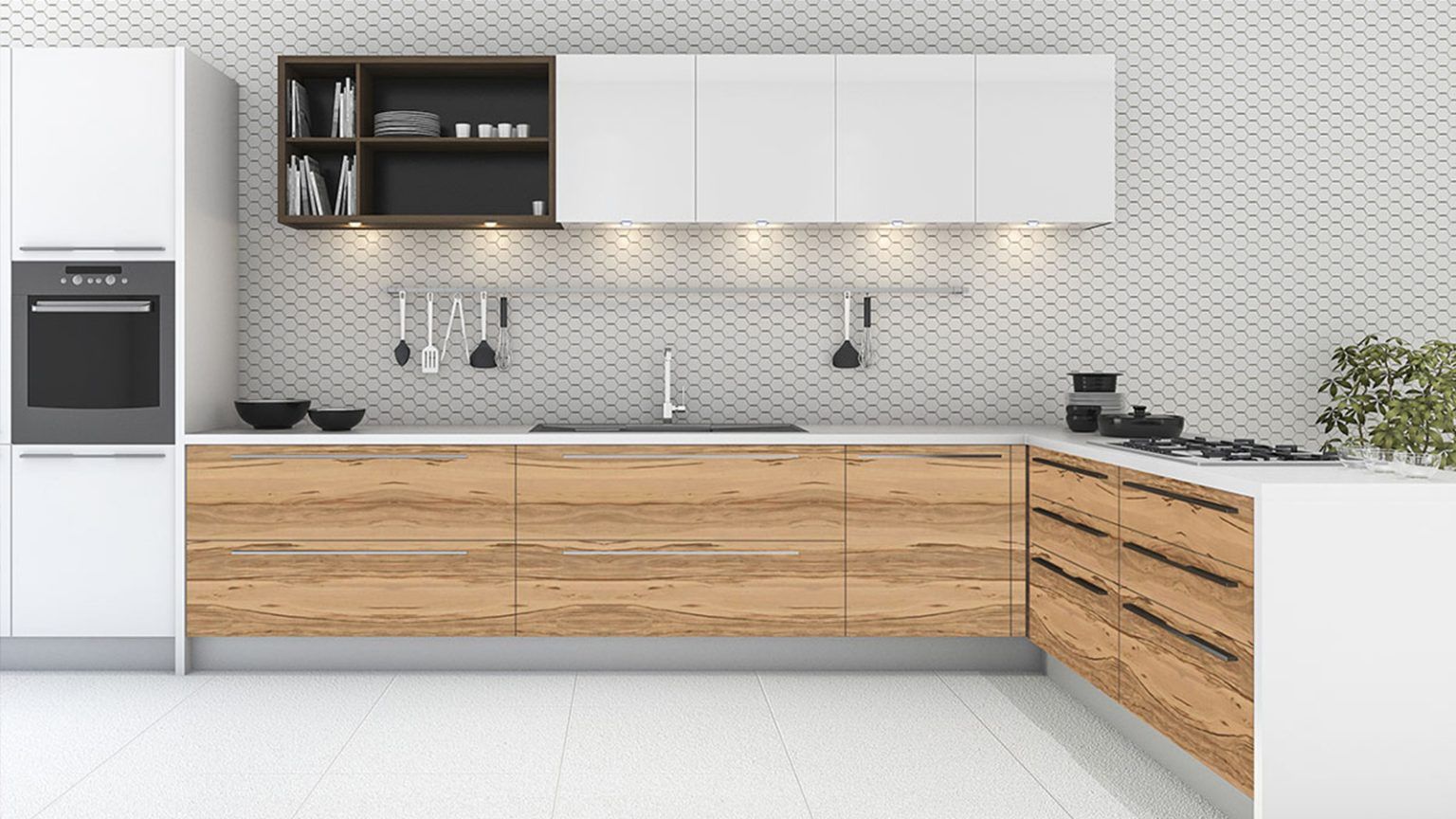 Modern kitchen with white and wood cabinetry, stainless steel appliances, and white tile backsplash.