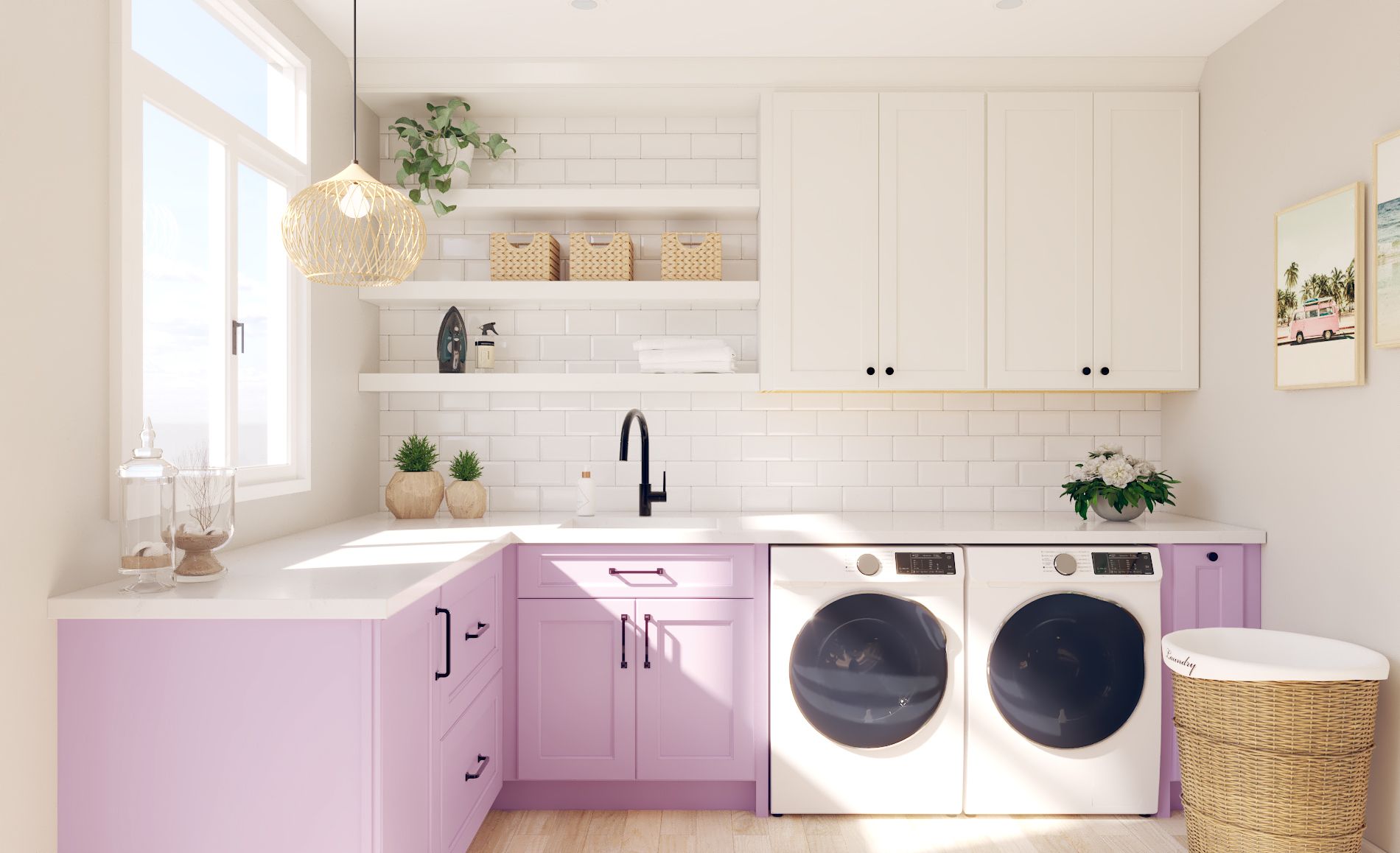 Laundry room with lilac cabinets, white appliances, and open shelving.