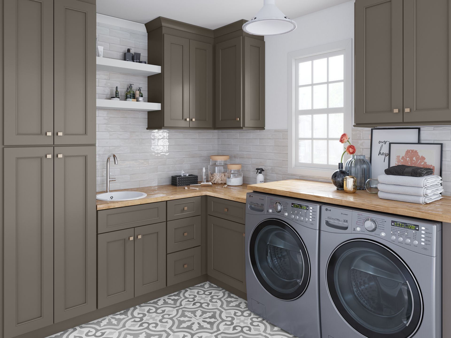 Laundry room with gray cabinets, wood countertop, and washing machines.