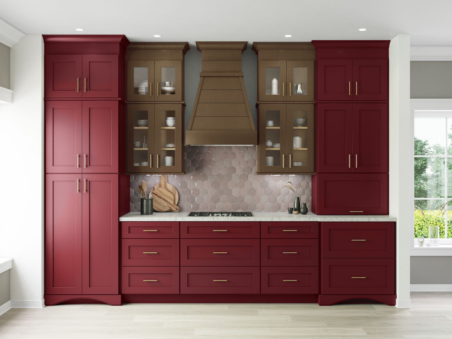 Burgundy kitchen cabinets with wooden range hood and glass-door cabinets, white countertops.