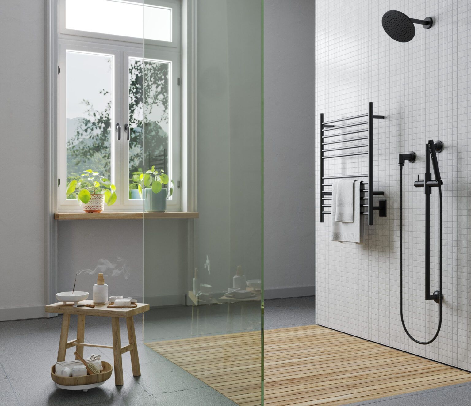 Modern black bathroom with shower, heated towel rack, and wooden stool near window.