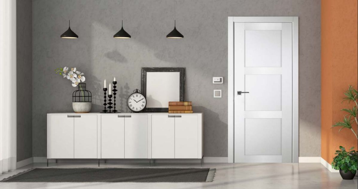 Modern entryway with a white door, console table, and orange accent wall.
