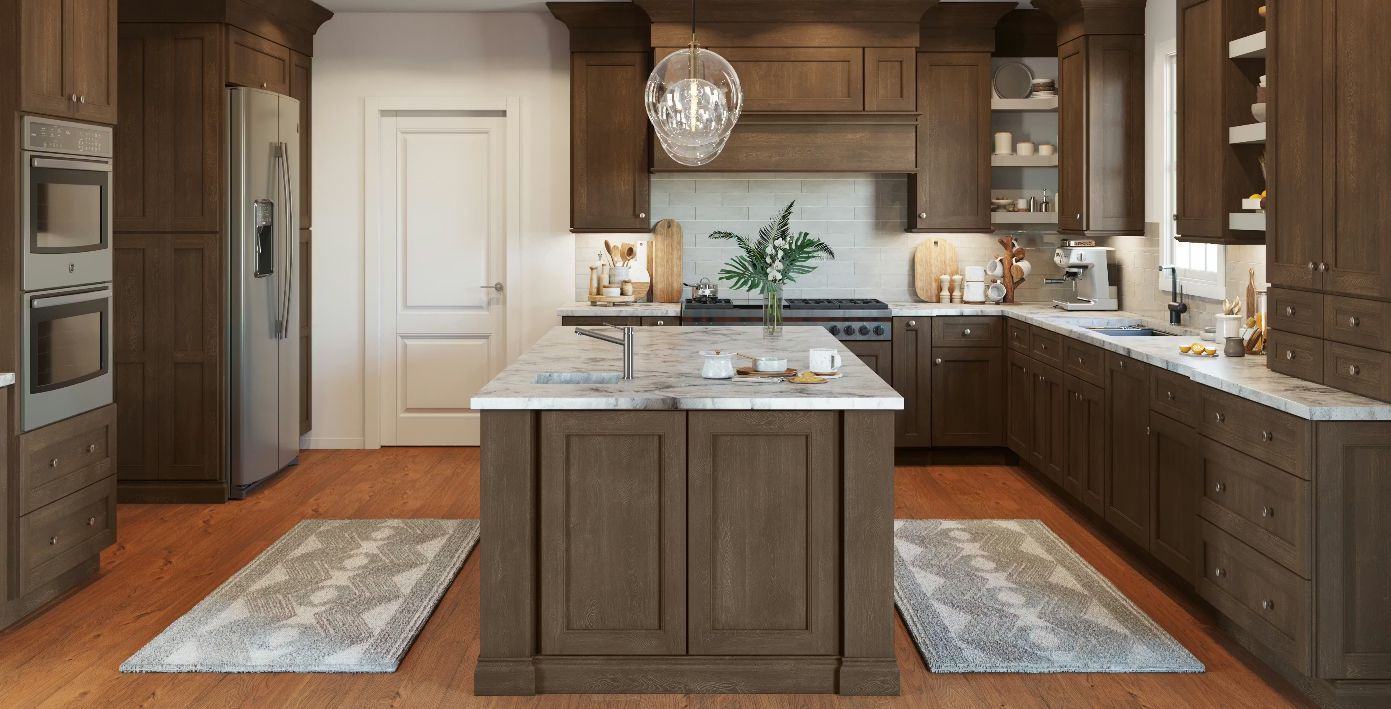 A modern kitchen with dark wood cabinets, a central island, and a marble countertop.