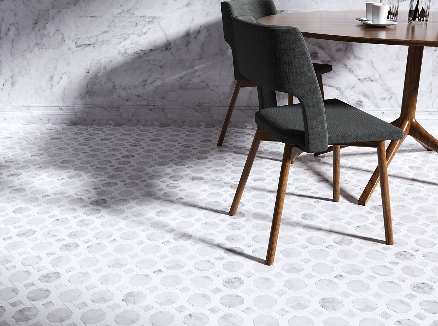 Grey-tiled floor and marble wall. Dining set: dark grey chairs, wood table.