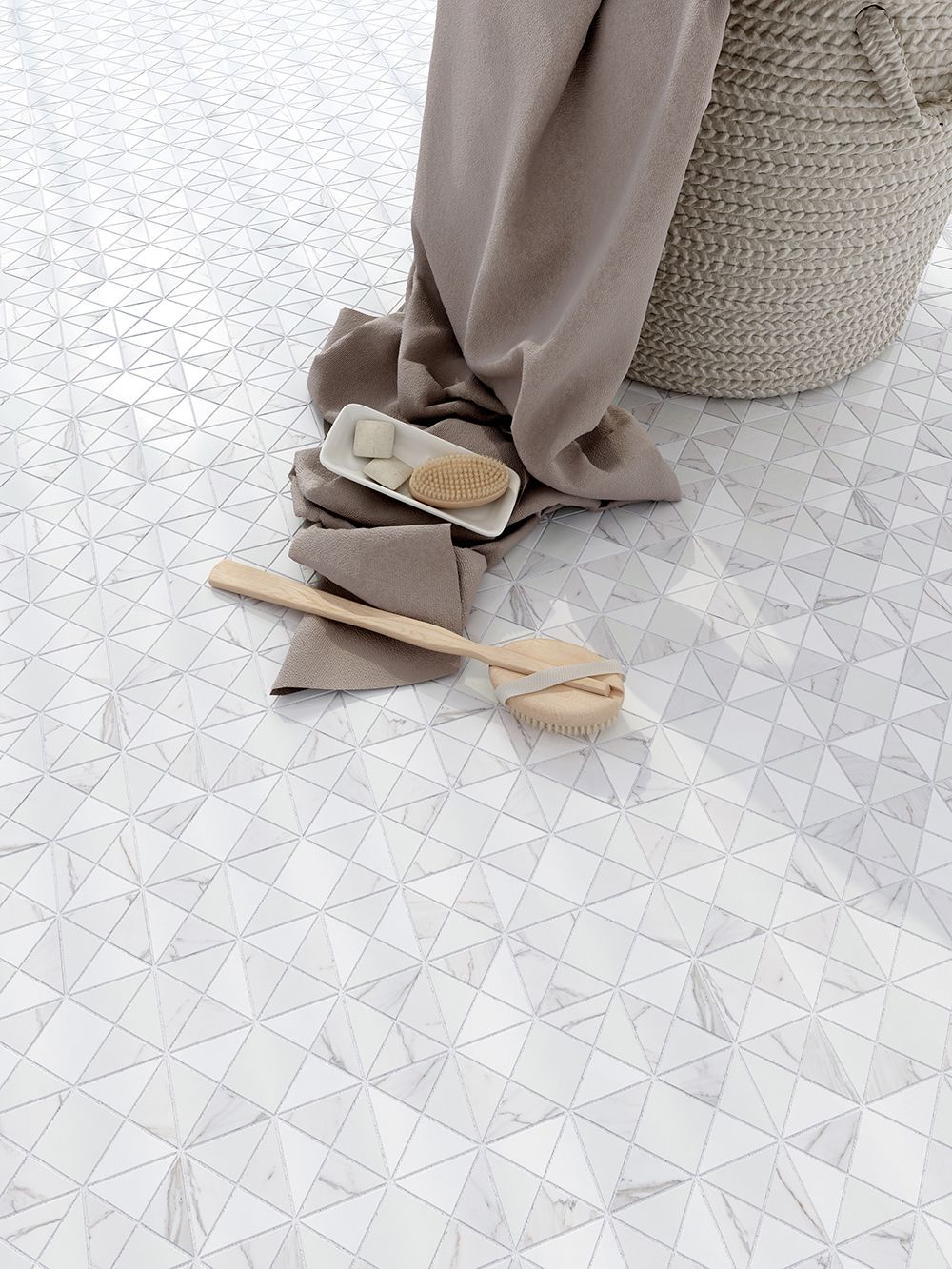 Marble bathroom floor with toiletries and a basket.