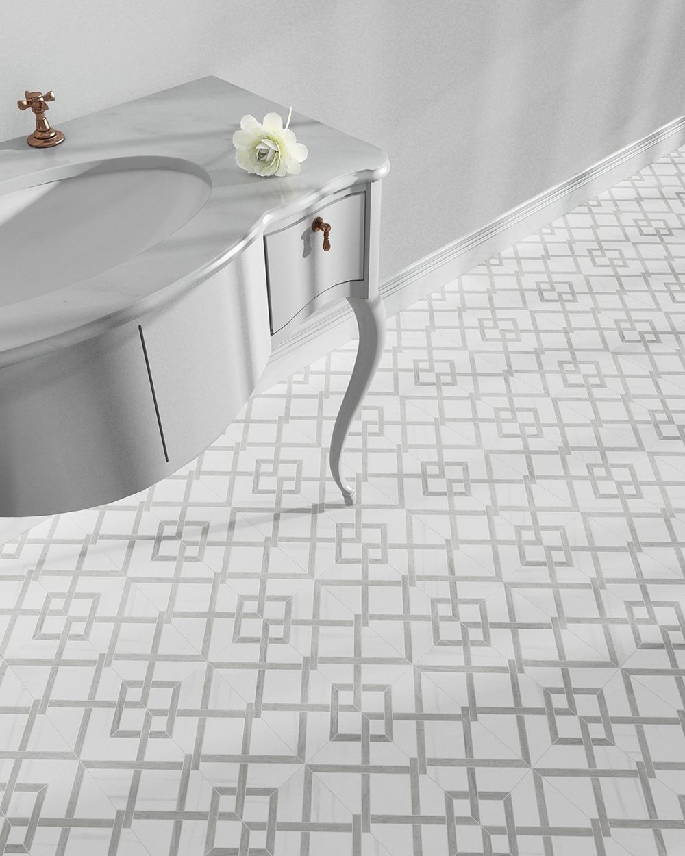 Bathroom with white and gray geometric patterned tile, gray vanity, and marble countertop.