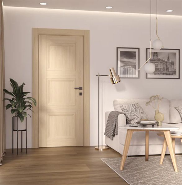 A light-toned wooden door in a living room, with a couch, plant, and lamp.