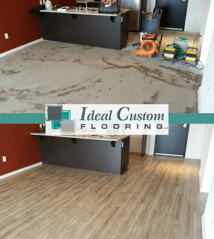 Flooring showroom with before-and-after view: bare concrete transformed into wood-look flooring.