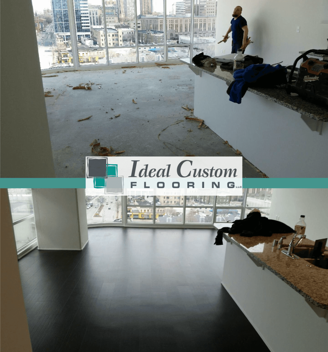Before-and-after of a room with flooring installation: unfinished concrete above, dark polished floor below.