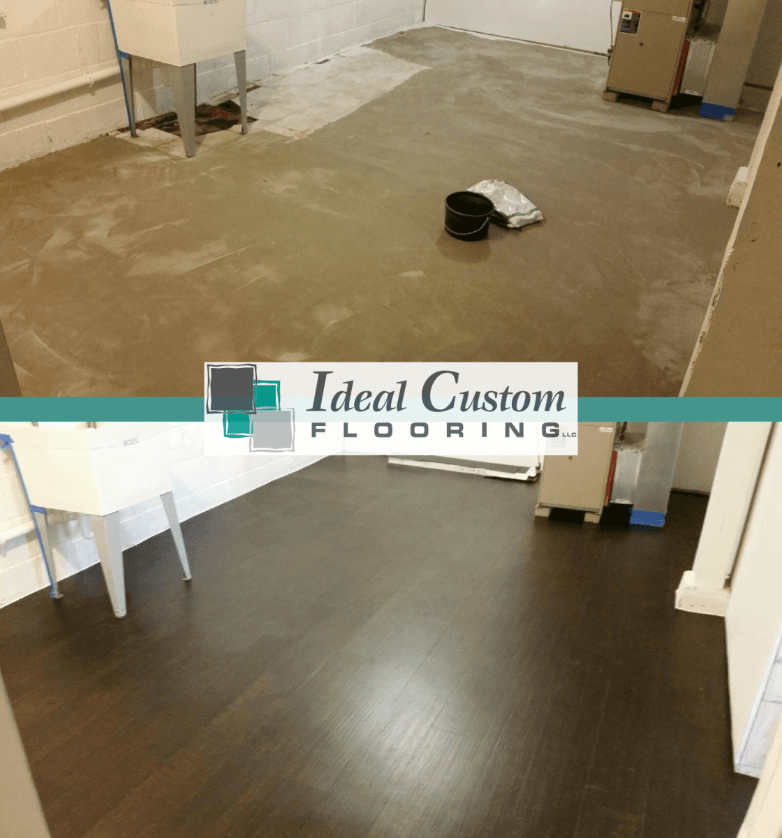 Before-and-after flooring: unfinished tan room above, dark polished floor below, with “Ideal Custom Flooring” banner.