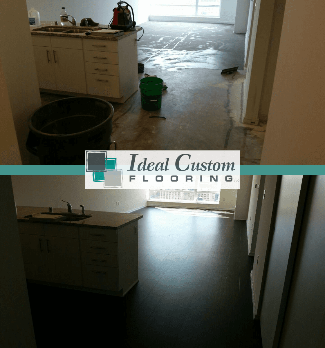 Before-and-after flooring installation in a kitchen, showing damaged floor replaced with dark wood flooring.