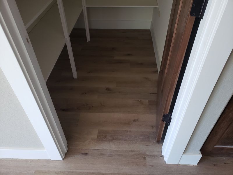 Open closet with built-in shelves and wood flooring, viewed through white door frames.