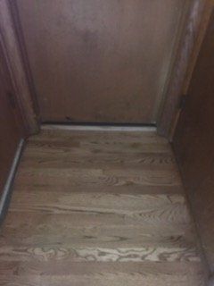 Wooden floor in a narrow hallway leading to a closed wooden door.