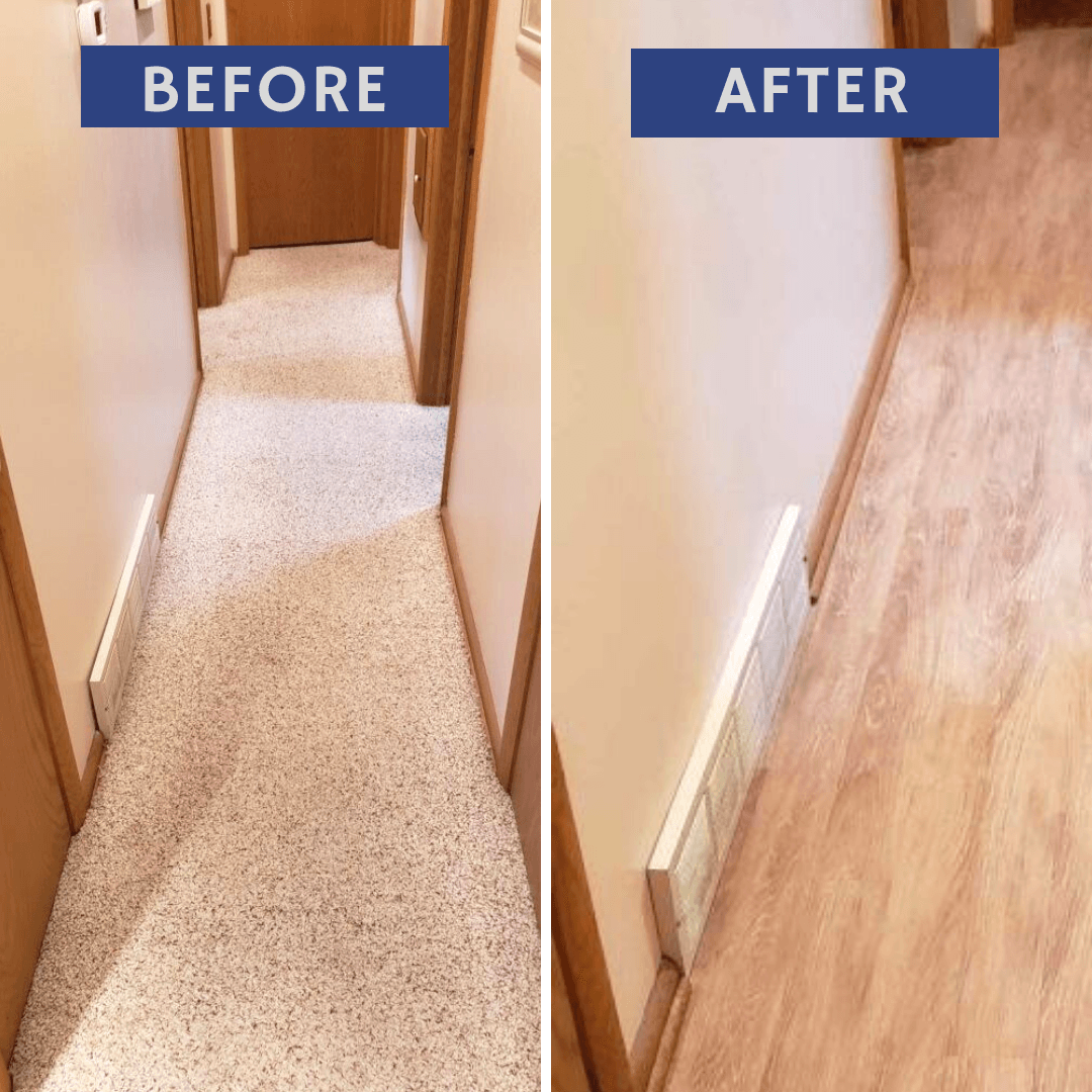 Before-and-after hallway flooring: carpet replaced with light wood floor.