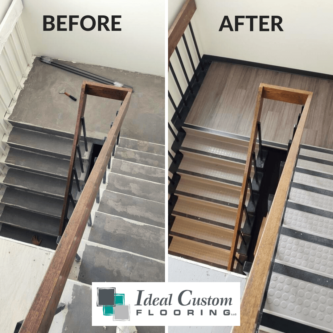 Before-and-after stairwell renovation showing new wood railing and floor opening trim