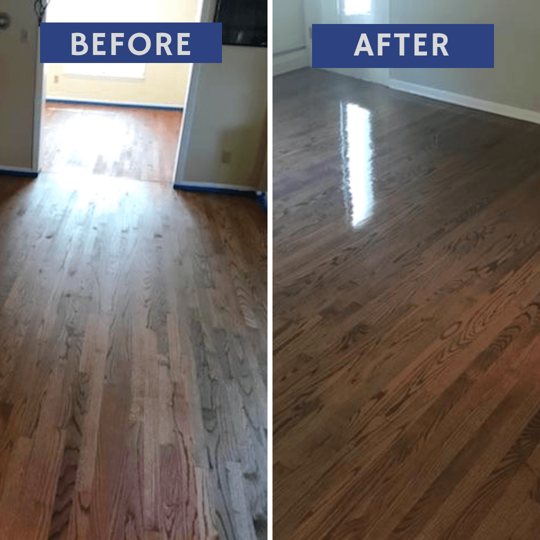 Before-and-after view of a wood floor restoration, showing dull flooring on the left and a glossy finish on the right.