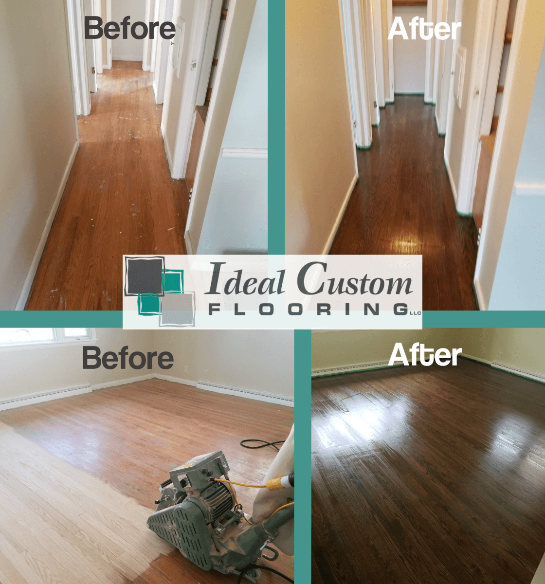 Before-and-after hardwood floor refinishing photos showing worn floors restored to a glossy dark finish.