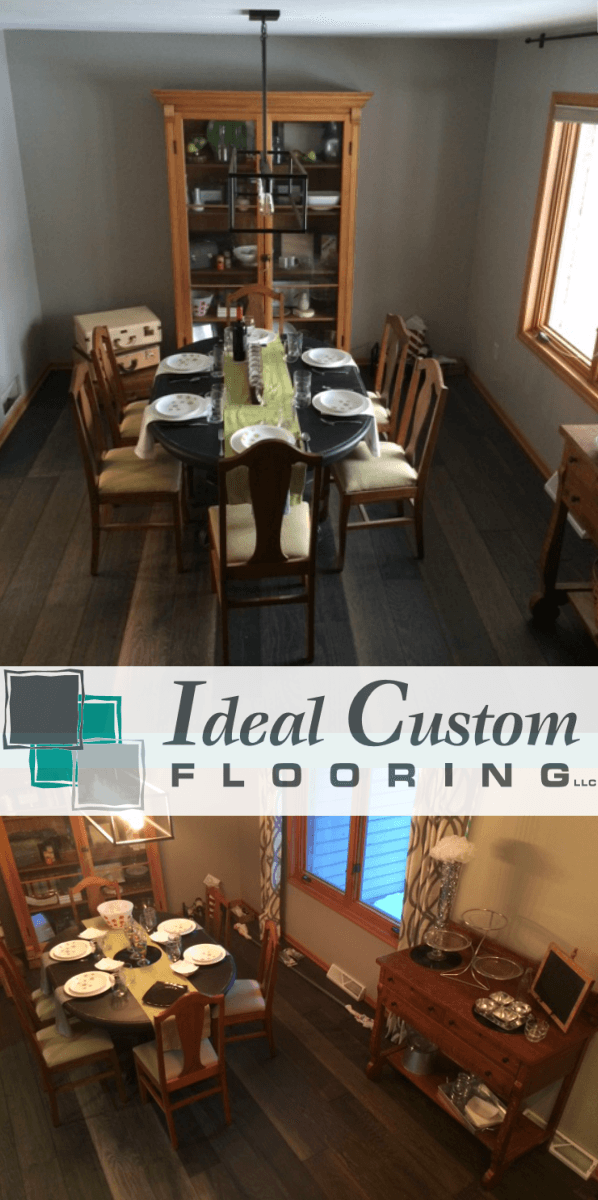 Dining room with table, chairs, and wood flooring ad showing before-and-after installation by Ideal Custom Flooring.