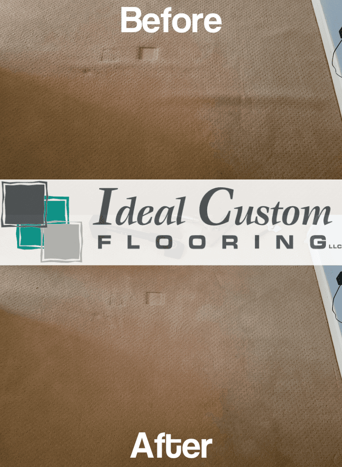 Before-and-after carpet cleaning comparison with “Ideal Custom Flooring” banner across the center.