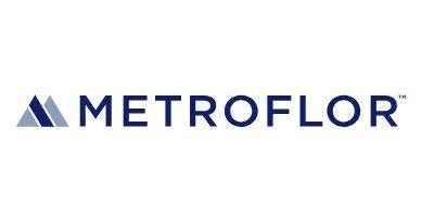 Metroflor logo in navy blue with a geometric blue icon on a white background.