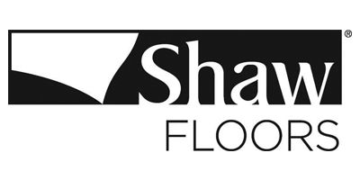 Shaw Floors logo in black and white with stylized swoosh icon.