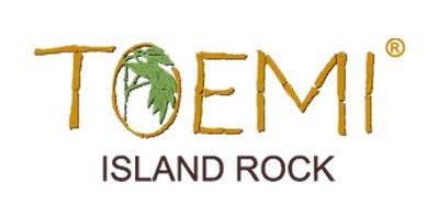 TOEMI Island Rock logo with gold text and a green palm tree in the O, on a white background.