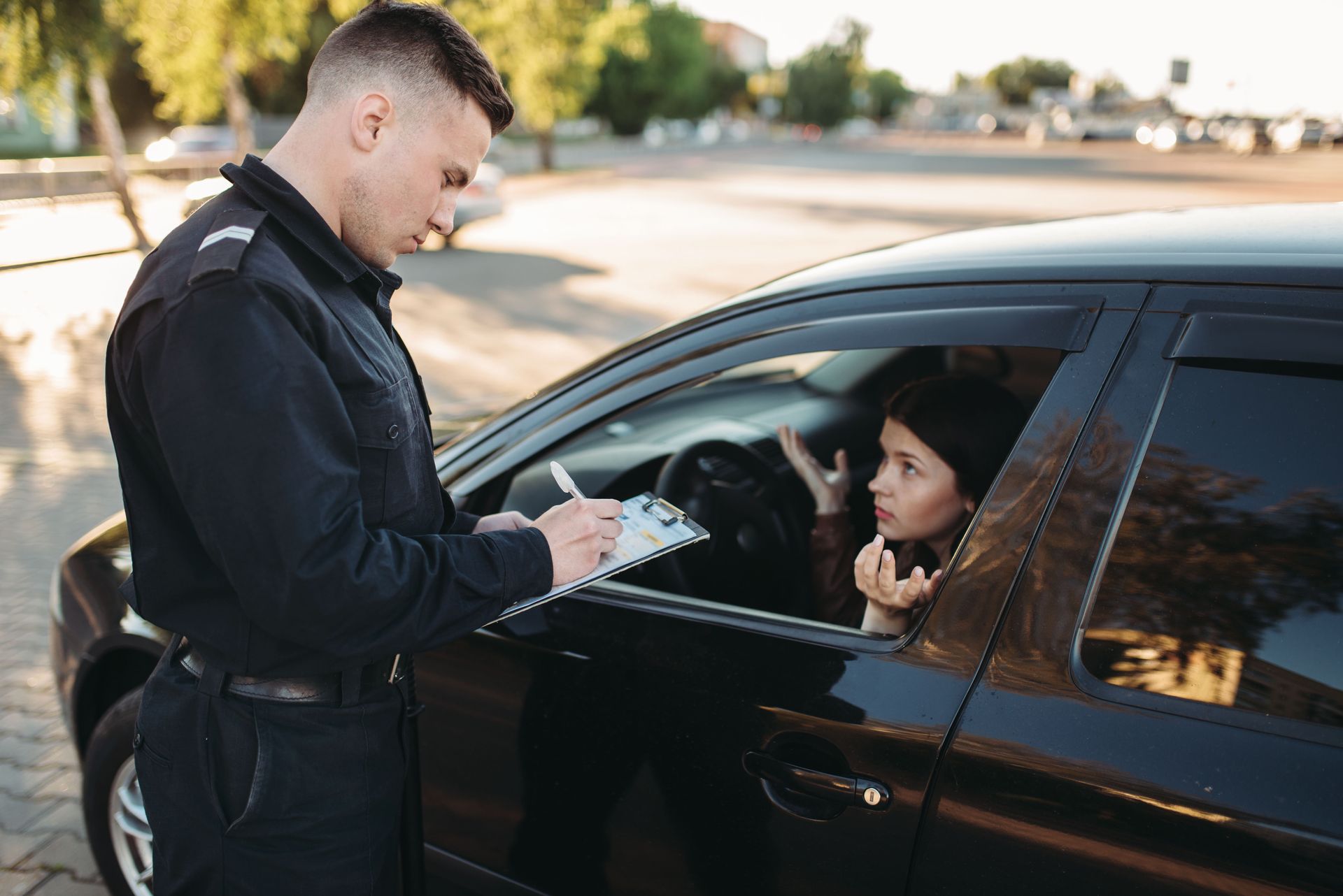 A police officer is writing a ticket to a woman in a car.