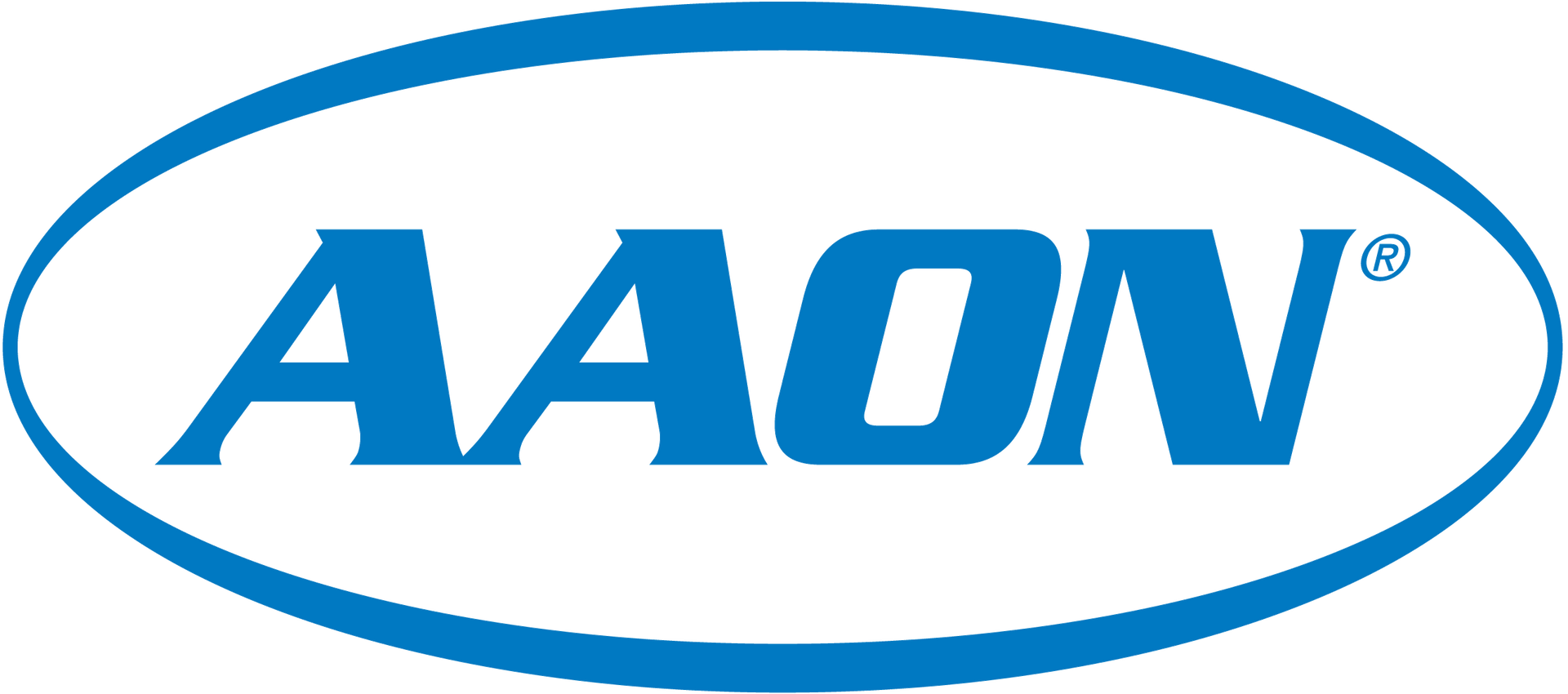 AAON logo in blue letters inside a blue oval outline on a white background