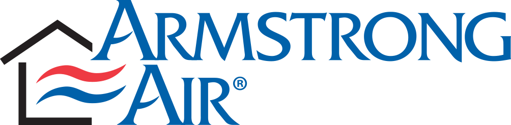 Armstrong Air logo with blue text, black roofline, and red and blue wave accents
