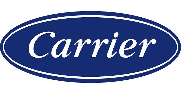 Carrier logo in white cursive on a blue oval background