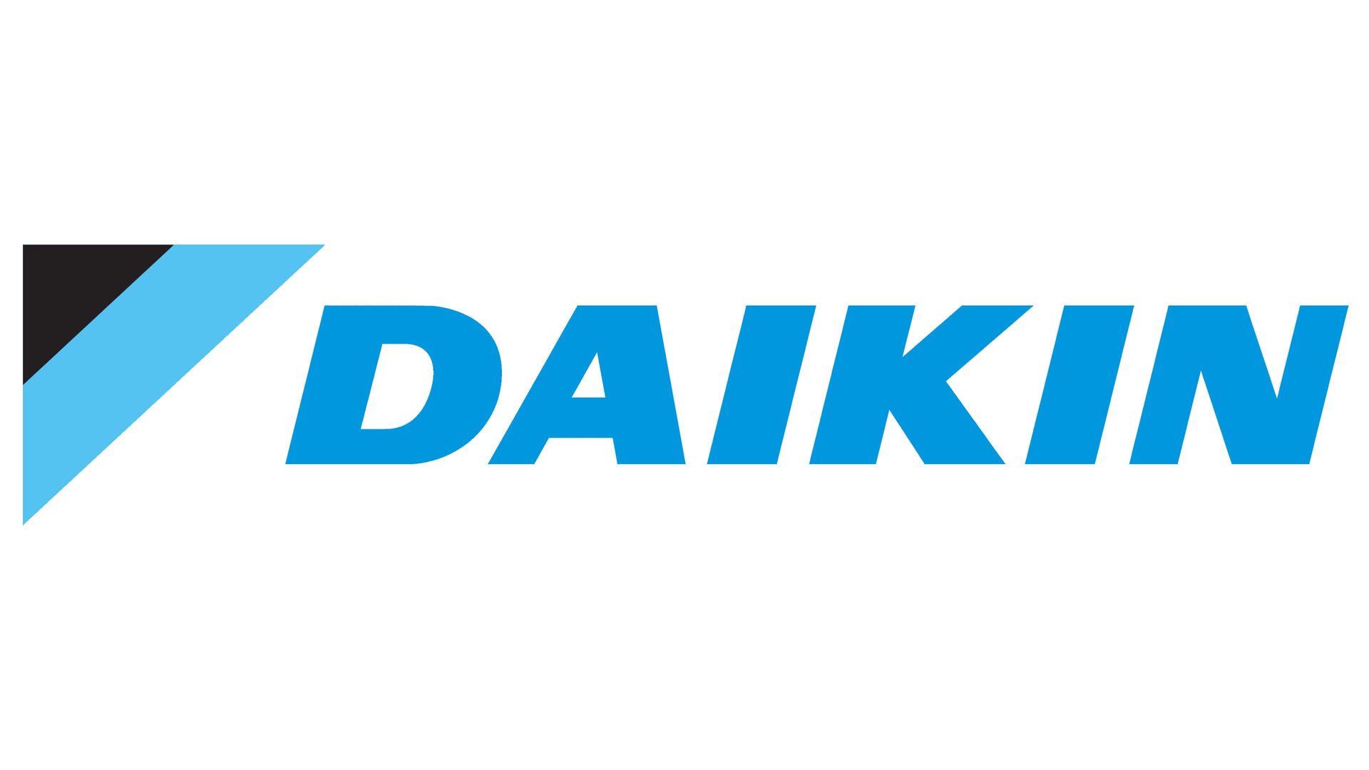 Daikin logo in blue and black with a light blue geometric mark on a white background