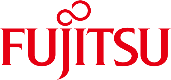 Fujitsu logo in red text with a red infinity-like symbol above the “j”