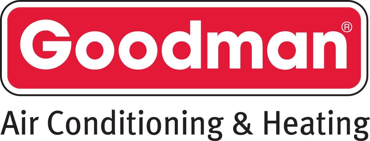 Goodman logo with red wordmark and black “Air Conditioning & Heating” text