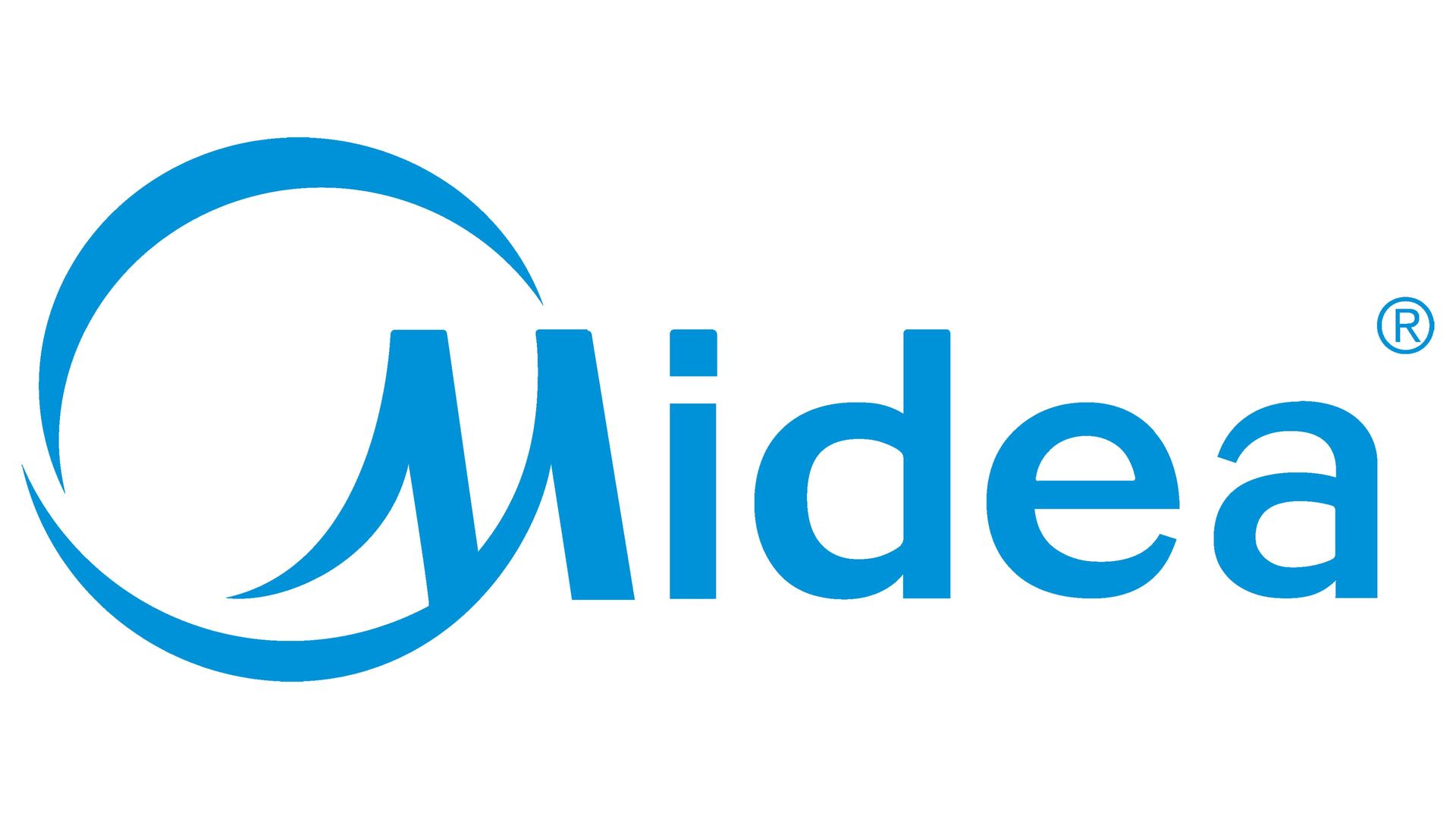 Midea logo in blue text with a circular blue emblem on a white background